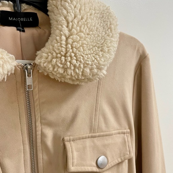 REVOLVE Majorelle Cropped Sherpa Collar Suede Bomber Jacket Sand Beige Size XXS - Picture 3 of 12